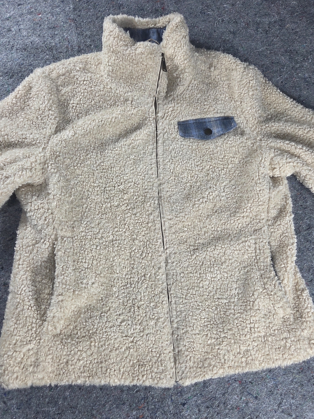 Pendleton Sherpa Fleece Jacket Women M Cream Blue Plaid Wool Trim Full Zip